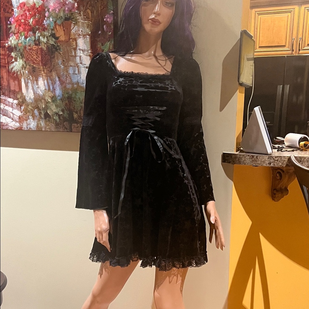 Gothic goth Black Velvet star XS Mini Dress nwt
